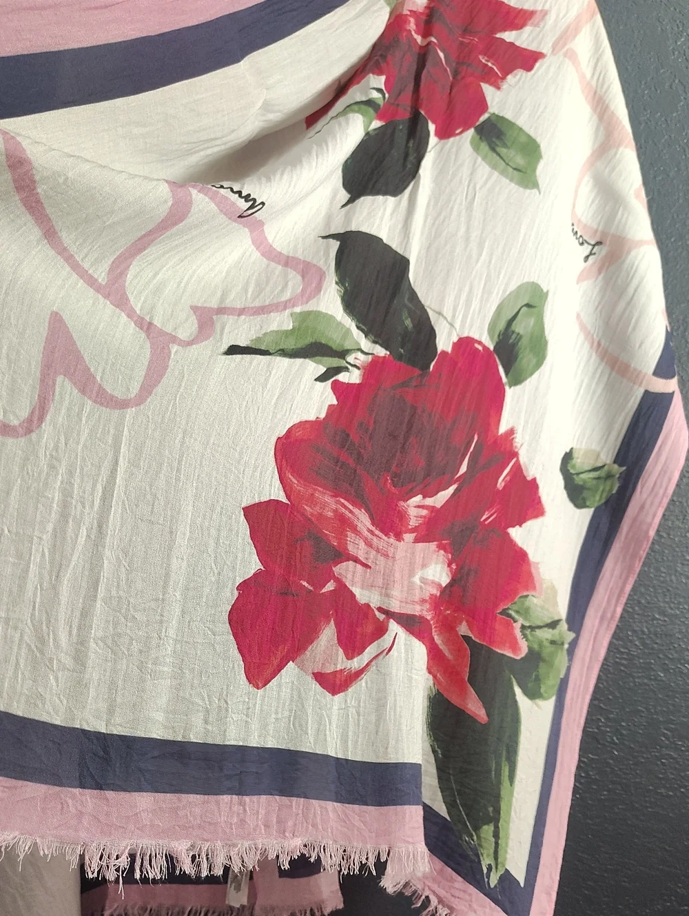 Talbots Pink, White & Navy Modal Lightweight Rose Heart Love Scarf with Fringe